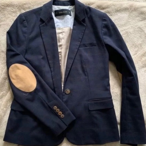 ZARA Basic Woman Elbow-Patch Plaid Cotton Blazer Coat Jacket Blue - Picture 1 of 3
